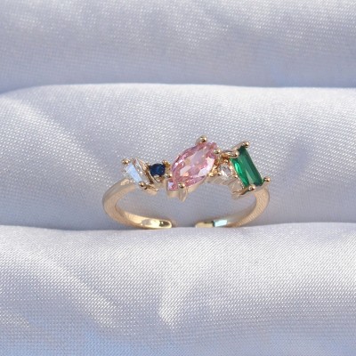 Pirinç Gold Renk Renkli Zirkon Taşlı Ayarlanabilir Yüzük