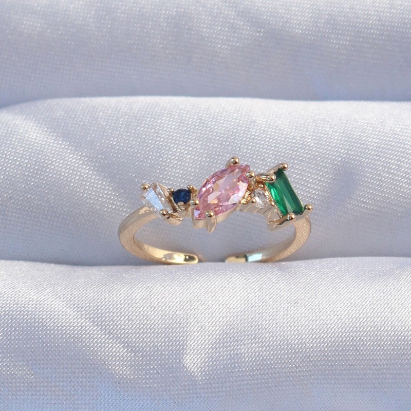 Pirinç Gold Renk Renkli Zirkon Taşlı Ayarlanabilir Yüzük