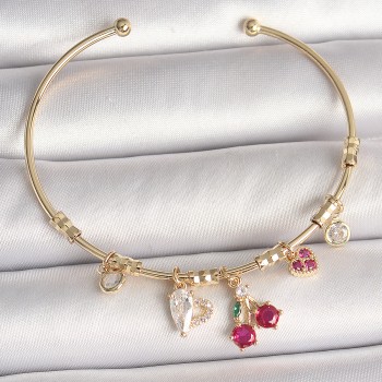 Pirinç Gold Renk Sallantı Kırmızı Zirkon Taşlı Kiraz Figür Charm Kadın Bileklik