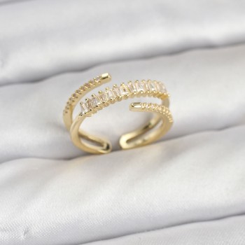 Pirinç Gold Renk Sıralı Baget Zirkon Taşlı Kadın Yüzük