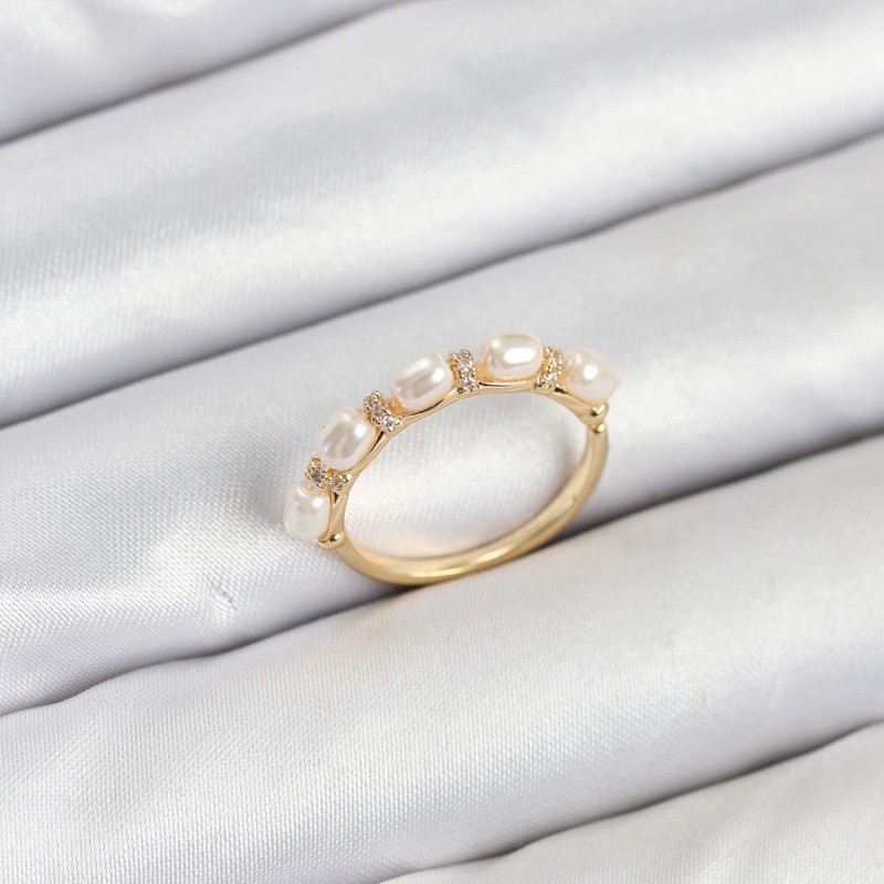 Pirinç Gold Renk Sıralı İncili Kadın Yüzük