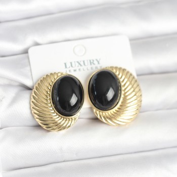 Pirinç Gold Renk Siyah Boncuklu Oval Vintage Kadın Küpe