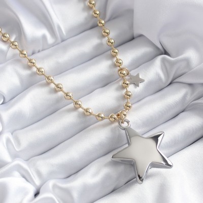 Pirinç Gold Renk Topçuk Zincir Gümüş 3D Yıldız Model Yıldız Detay VİP Kadın Kolye