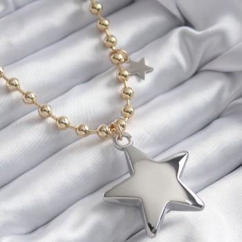 Pirinç Gold Renk Topçuk Zincir Gümüş 3D Yıldız Model Yıldız Detay VİP Kadın Kolye