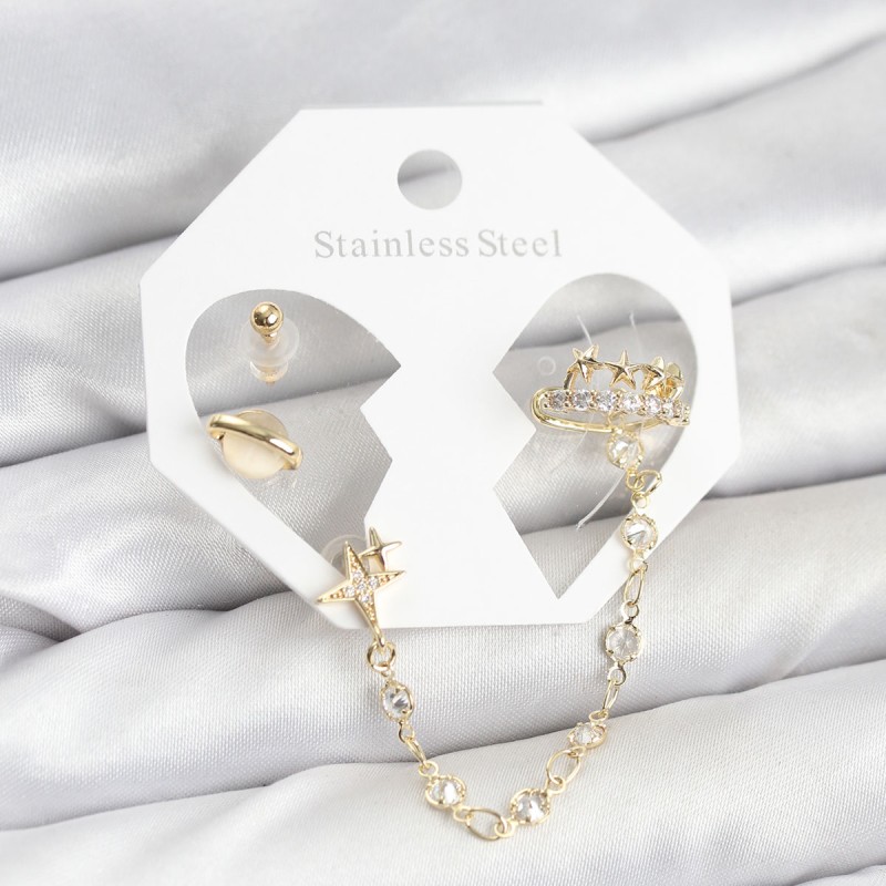 Pirinç Gold Renk Uzay Model Zincir Bağlantılı Ear Cuff Küpe Seti