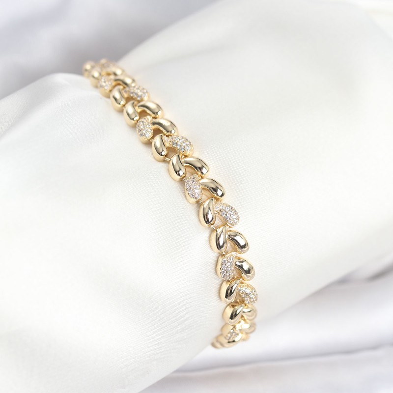 Pirinç Gold Renk VIP Seri Sarmal Damla Model Zirkon Taşlı Kadın Bileklik