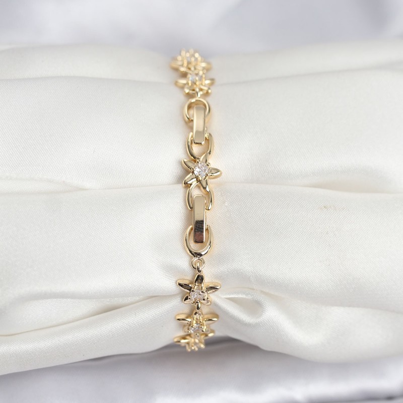 Pirinç Gold Renk VIP Seri Sıralı Taşlı Yıldız Model Zirkon Taşlı Kadın Bileklik