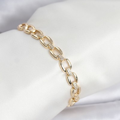 Pirinç Gold Renk VIP Seri Zincir Model Zirkon Taşlı Kadın Bileklik