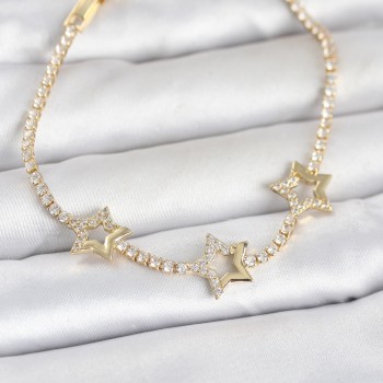 Pirinç Gold Renk Yıldız Model Zirkon Taşlı Su Yolu Kadın Bileklik