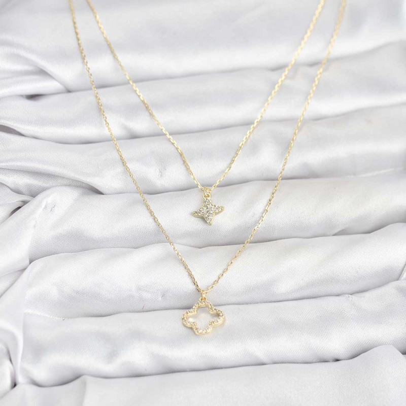 Pirinç Gold Renk Yonca Model 2'li Kadın Kolye