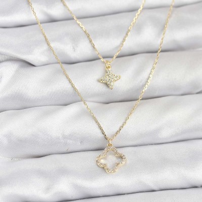 Pirinç Gold Renk Yonca Model 2'li Kadın Kolye