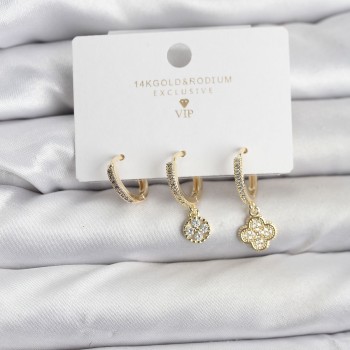 Pirinç Gold Renk Yonca Model 3'lü Kadın Küpe Seti