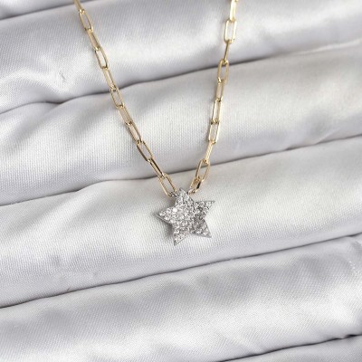 Pirinç Gold Renk Zincirli Zirkon Taşlı Minimal Yıldız Model Kadın Kolye