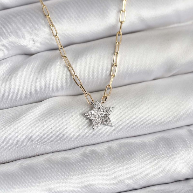 Pirinç Gold Renk Zincirli Zirkon Taşlı Minimal Yıldız Model Kadın Kolye