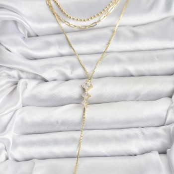 Pirinç Gold Renk Zirkon Taş Detaylı 3'lü Kombin Y Kadın Kolye