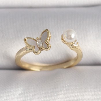 Pirinç Gold Renk Zirkon Taş Detaylı Beyaz Mineli Kelebek Model İnci Detay Ayarlanabilir Yüzük