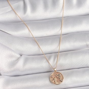 Pirinç Gold Renk Zirkon Taş Detaylı Gül İşleme Madalyon Model Kadın Kolye