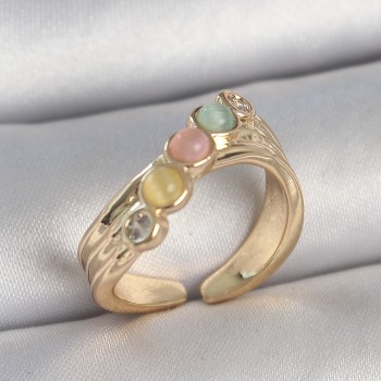 Pirinç Gold Renk Zirkon Taş Detaylı Karışık Mineli Ayarlanabilir Kadın Yüzük