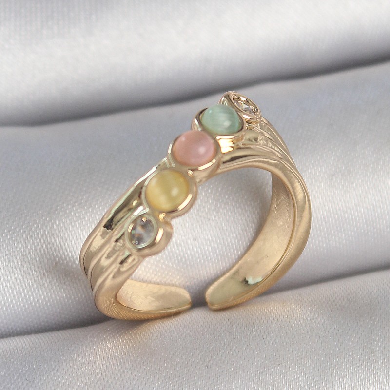 Pirinç Gold Renk Zirkon Taş Detaylı Karışık Mineli Ayarlanabilir Kadın Yüzük