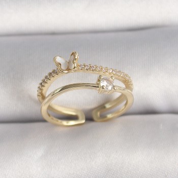 Pirinç Gold Renk Zirkon Taş Detaylı Kelebek Figür Ayarlanabilir Yüzük