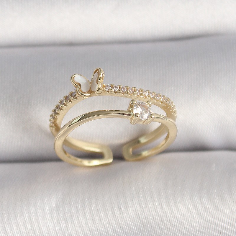 Pirinç Gold Renk Zirkon Taş Detaylı Kelebek Figür Ayarlanabilir Yüzük