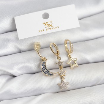 Pirinç Gold Renk Zirkon Taşlı Ay ve Yıldız Model YSX Trio Küpe Seti