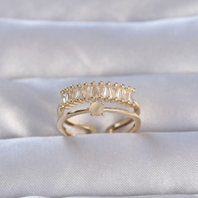 Pirinç Gold Renk Zirkon Taşlı Baget Su Yolu Model Ayarlanabilir Yüzük