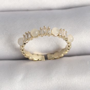 Pirinç Gold Renk Zirkon Taşlı Beyaz Mineli Ayarlanabilir Yüzük