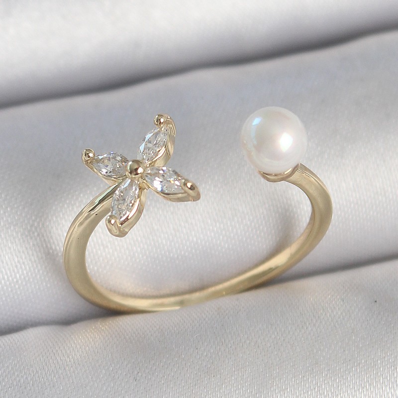 Pirinç Gold Renk Zirkon Taşlı Çiçek Model İnci Detay Ayarlanabilir Kadın Yüzük