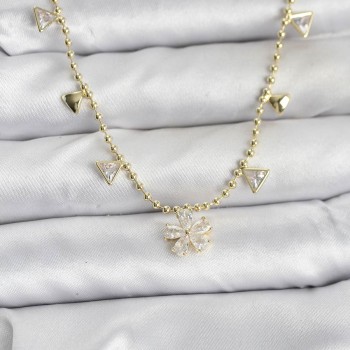Pirinç Gold Renk Zirkon Taşlı Çiçek Model Kadın Kolye