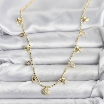 Pirinç Gold Renk Zirkon Taşlı Deniz Kabuğu Model Kadın Kolye
