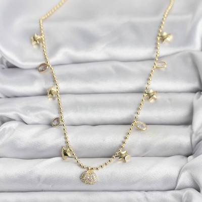 Pirinç Gold Renk Zirkon Taşlı Deniz Kabuğu Model Kadın Kolye