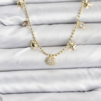 Pirinç Gold Renk Zirkon Taşlı Deniz Kabuğu Model Kadın Kolye