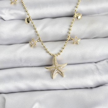 Pirinç Gold Renk Zirkon Taşlı Deniz Yıldızı Model Kadın Kolye