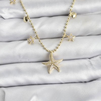 Pirinç Gold Renk Zirkon Taşlı Deniz Yıldızı Model Kadın Kolye