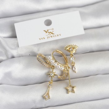 Pirinç Gold Renk Zirkon Taşlı Gece Temalı 3'lü Kadın Küpe