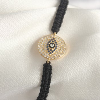 Pirinç Gold Renk Zirkon Taşlı Göz İşlemeli Figür Asansörlü Makrome Model Kadın Bileklik