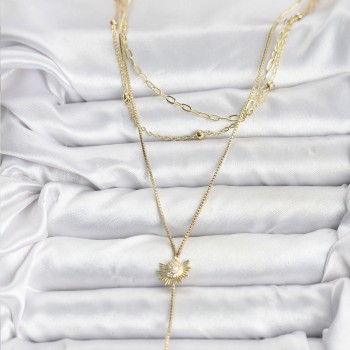 Pirinç Gold Renk Zirkon Taşlı Güneş Model Detaylı 3'lü Kombin Y Kadın Kolye