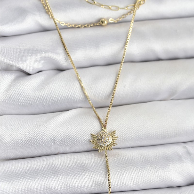 Pirinç Gold Renk Zirkon Taşlı Güneş Model Detaylı 3'lü Kombin Y Kadın Kolye