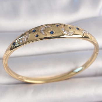 Pirinç Gold Renk Zirkon Taşlı Hilal İşleme Mavi Taşlı Yıldız Detay Kadın Kelepçe