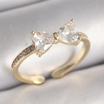 Pirinç Gold Renk Zirkon Taşlı Kalp Fiyonk Model Kadın Yüzük