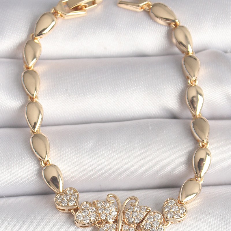 Pirinç Gold Renk Zirkon Taşlı Kelebek Figür Damla Zincir Model Kadın Bileklik