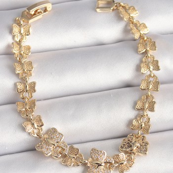 Pirinç Gold Renk Zirkon Taşlı Kelebek Model Zincir Kadın Bileklik