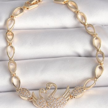 Pirinç Gold Renk Zirkon Taşlı Kuğu Figür Damla Zincir Model Kadın Bileklik