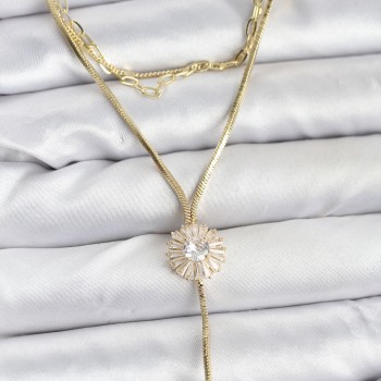 Pirinç Gold Renk Zirkon Taşlı Papatya Model Detaylı 3'lü Kombin Y Kadın Kolye