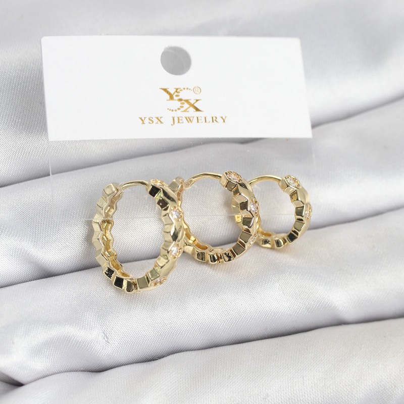 Pirinç Gold Renk Zirkon Taşlı Petek Halka Model YSX Trio Küpe Seti