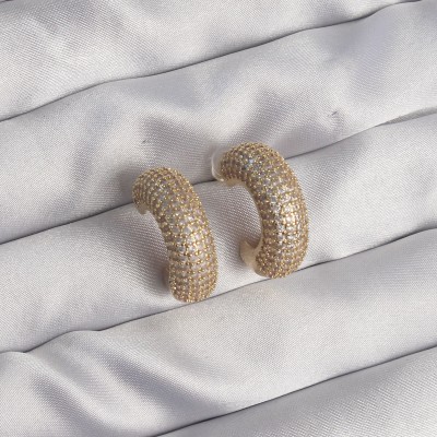 Pirinç Gold Renk Zirkon Taşlı Yarım Halka Küpe