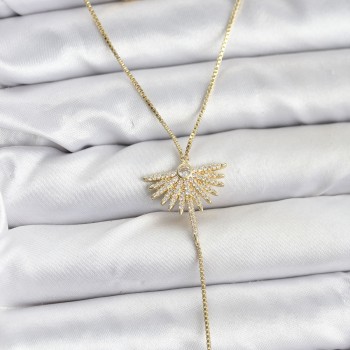 Pirinç Gold Renk Zirkon Taşlı Yelpaze Model Detaylı 3'lü Kombin Y Kadın Kolye