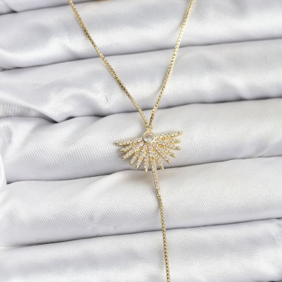 Pirinç Gold Renk Zirkon Taşlı Yelpaze Model Detaylı 3'lü Kombin Y Kadın Kolye