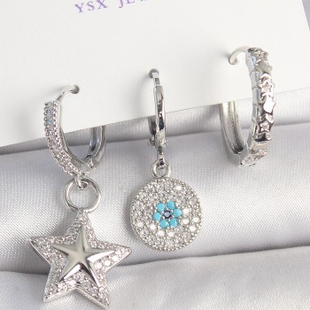 Pirinç Gold Renk Zirkon Taşlı Yıldız Model Nazar Boncuk Detay 3'Lü Kadın Kombin Küpe